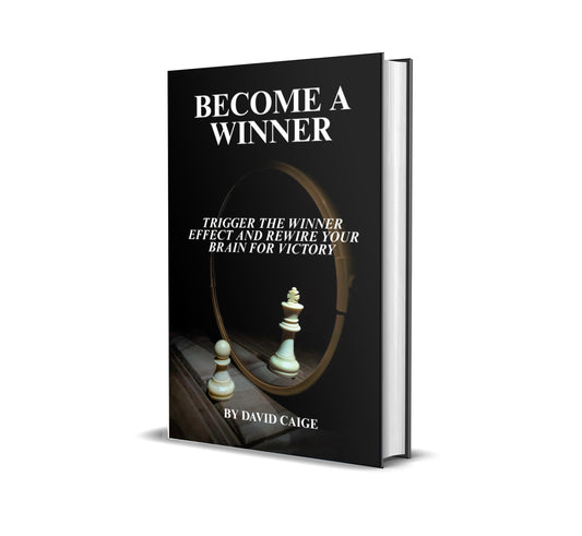 Book titled 'Become a Winner' with chess pieces on a black background