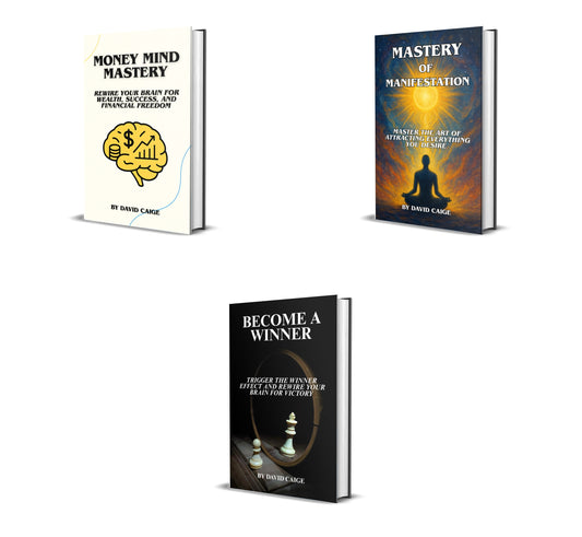Three books titled 'Money Mind Mastery', 'Mastery of Manifestation', and 'Become A Winner' by David Caige on a white background.