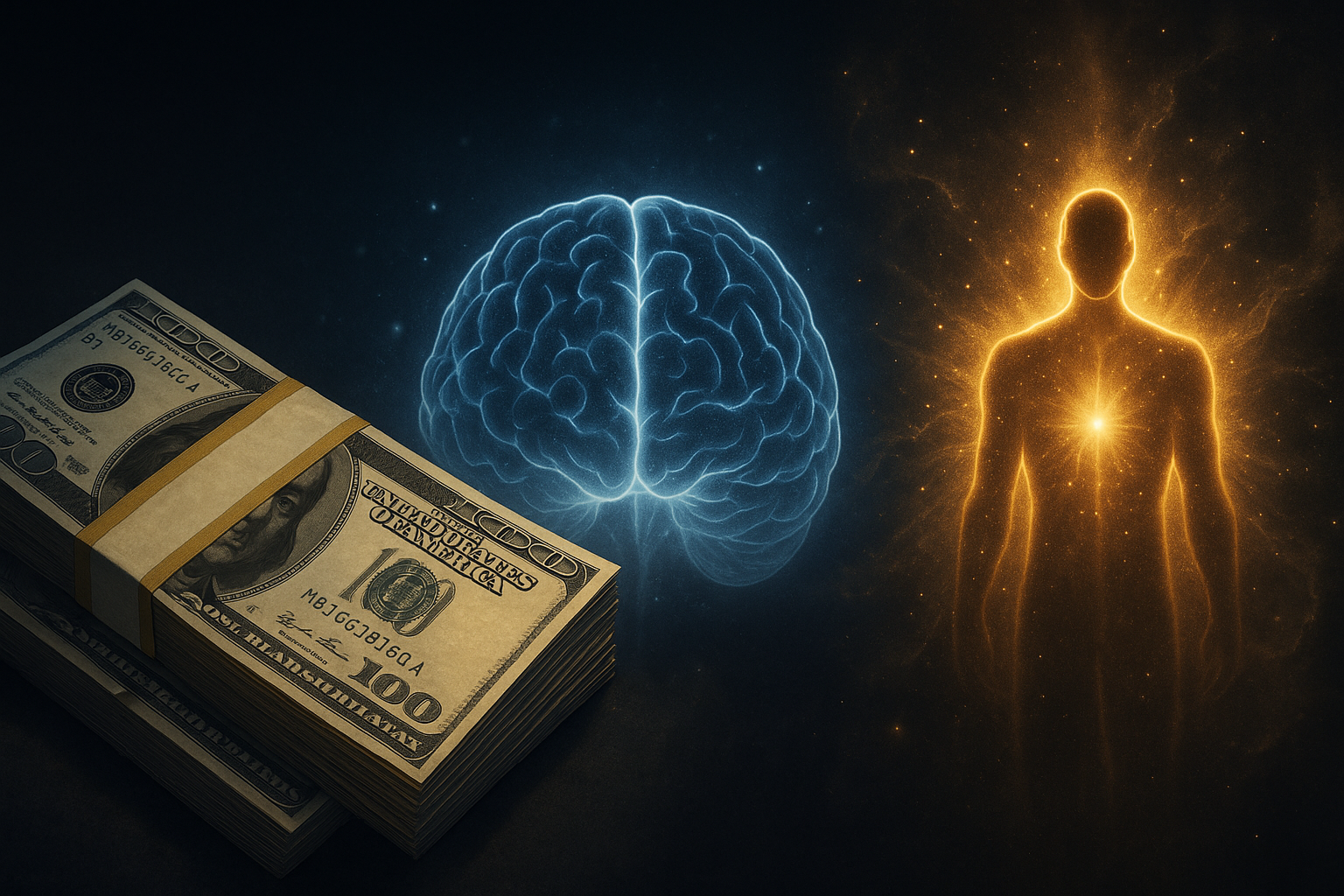 Stack of money, glowing brain, and silhouette of a person with a bright light on a dark background