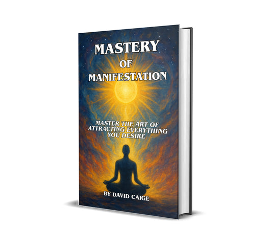 Book titled 'Mastery of Manifestation' with a silhouette of a person meditating on a blue and orange background.